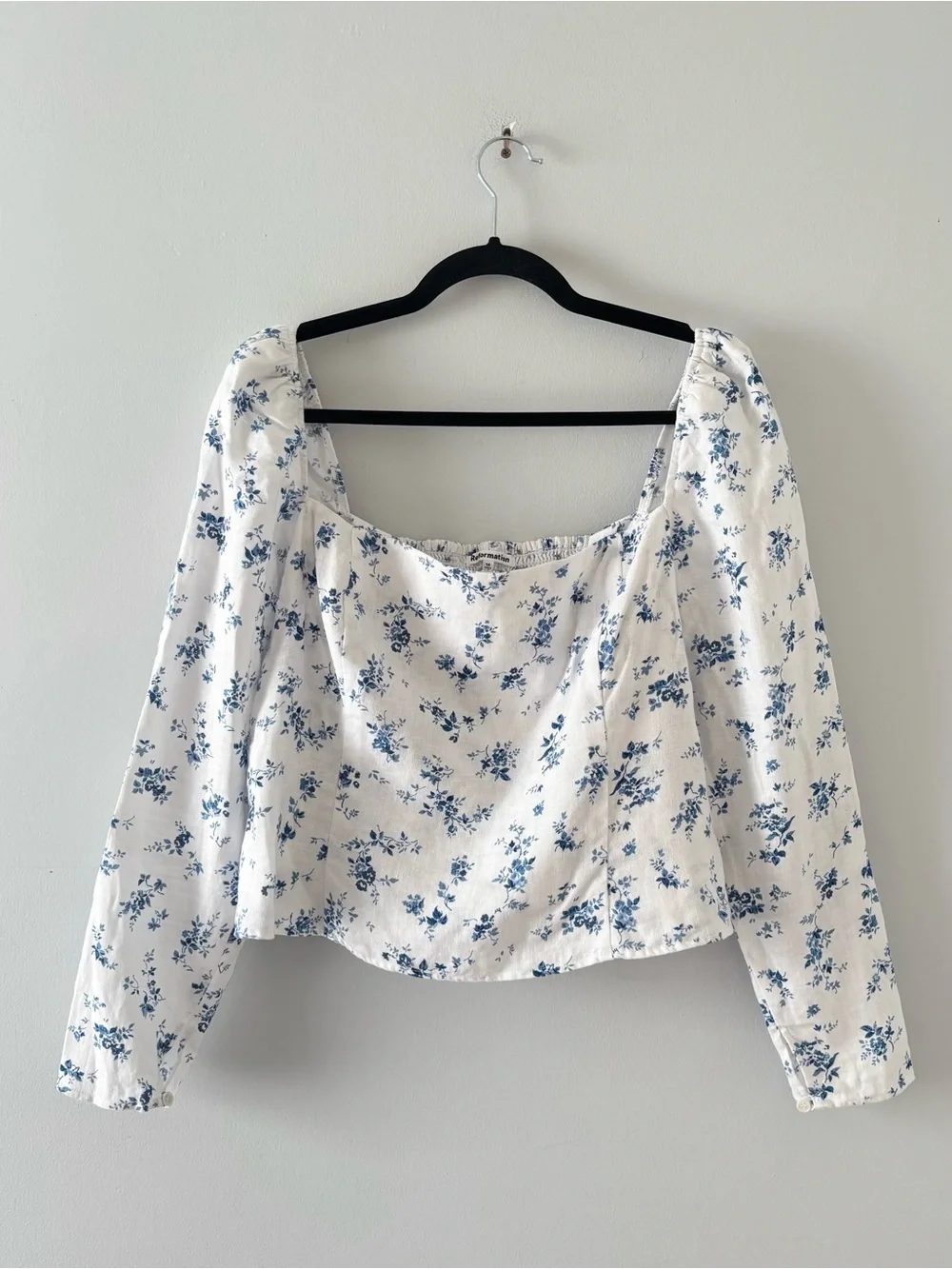 Reformation Khloe Linen Top Fitted Long Puff Sleeve Square Neckline Floral Print